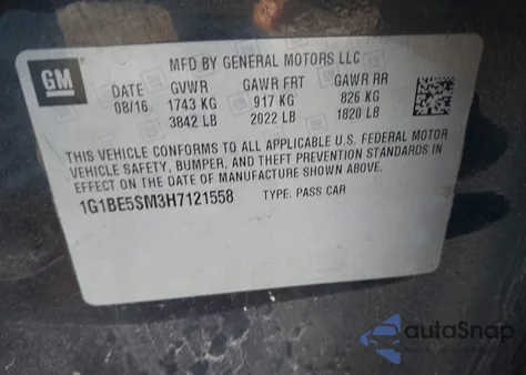 2017 Chevrolet Cruze Lt Auto из США, поврежденный, VIN 1G1BE5SM3H7121558